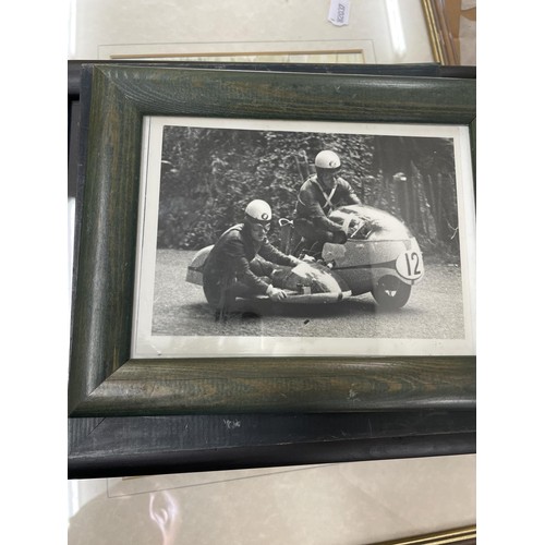 143 - A watercolour drawing of a racing Norton, 21.5 x 32.5 cm, and other assorted motorcycle pictures and... 