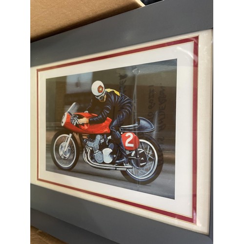 143 - A watercolour drawing of a racing Norton, 21.5 x 32.5 cm, and other assorted motorcycle pictures and... 