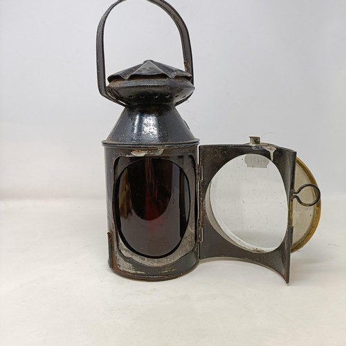 127 - A SWR (South Western Railway) lantern, with plaque reading F Ellacott Guard Waterloo, 34 cm high