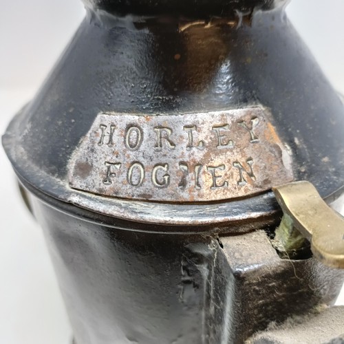 129 - A railway lamp, with plaques reading: Horley Fogmen, embossed 2171 LB & Son, 32 cm high