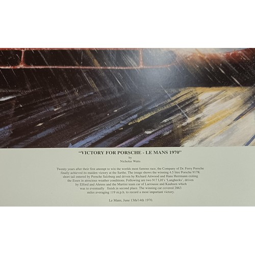 98 - A Nicholas Watts signed print, Victory for Porsche - Le Mans 1970, unframed, a monochrome photograph... 