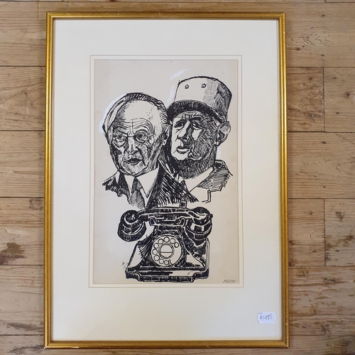 162 - John Randall Bratby (British 1928-1992), a portrait of Adenaur and Charles De Gaulle, pencil and ink... 