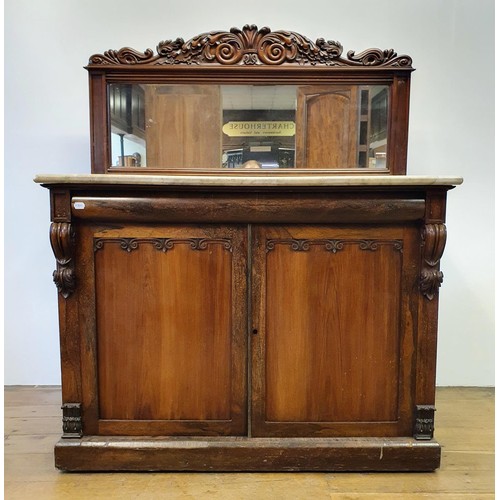 571 - A 19th century rosewood chiffonier, with a mirrored back and a marble top, above a base with a drawe... 