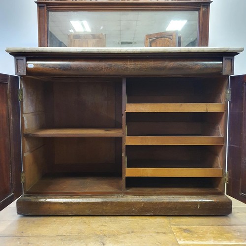 571 - A 19th century rosewood chiffonier, with a mirrored back and a marble top, above a base with a drawe... 