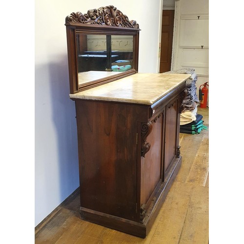 571 - A 19th century rosewood chiffonier, with a mirrored back and a marble top, above a base with a drawe... 