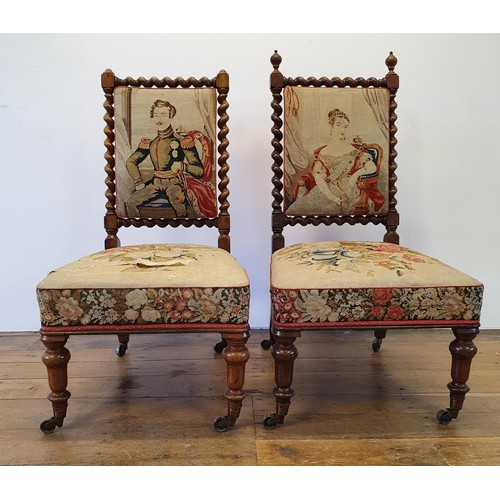 525 - A pair of 19th century rosewood framed nursing chairs, with embroidered backs and seats (2)