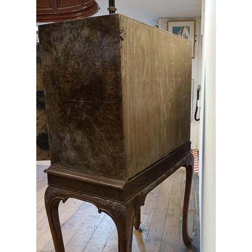 556 - A walnut and brass bound cocktail cabinet, raised on carved cabriole legs, 85 cm wide