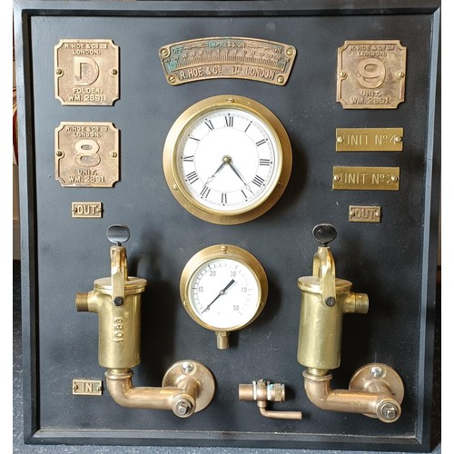 160B - A panel, with R Hoe & Co, London, valves, a gauge and a clock, 62 cm high