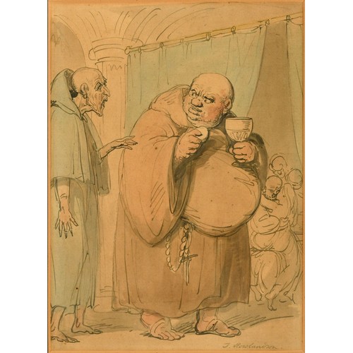 98 - T Rowlandson, cartoon of a monk, watercolour, signed, 33 x 23 cm