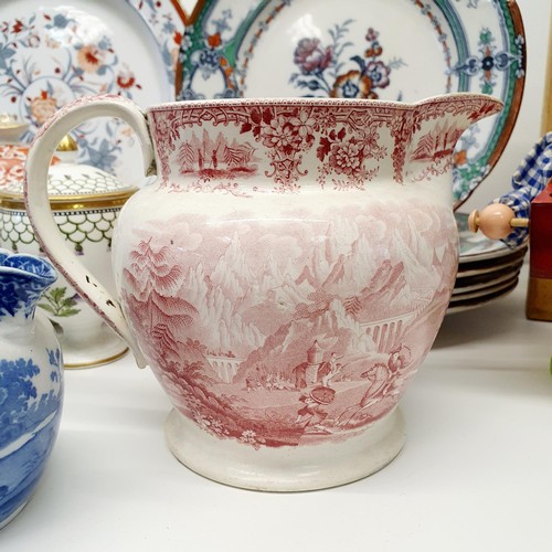 345 - A 19th century red and white jug, decorated hunting scene with an elephant, a blue and white mixing ... 