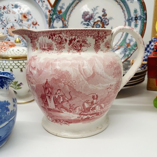 345 - A 19th century red and white jug, decorated hunting scene with an elephant, a blue and white mixing ... 