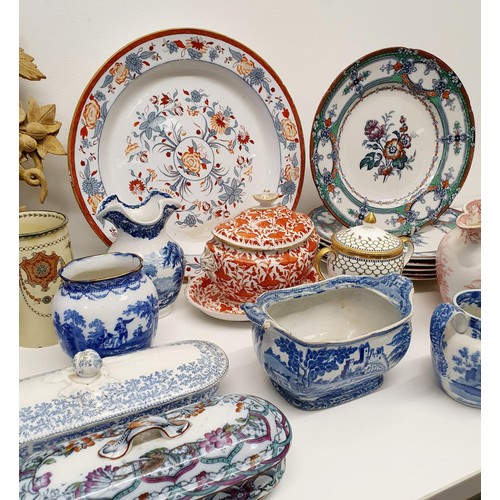 345 - A 19th century red and white jug, decorated hunting scene with an elephant, a blue and white mixing ... 