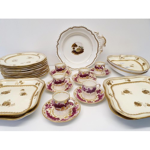 297 - A Wedgwood cream ground dessert service, a Coalport plate, decorated landscape, and a set of six cof... 