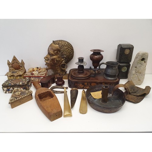 280 - An oak and pewter chamberstick, a pair of wall lights, a modern set of urns, and assorted items (qty... 