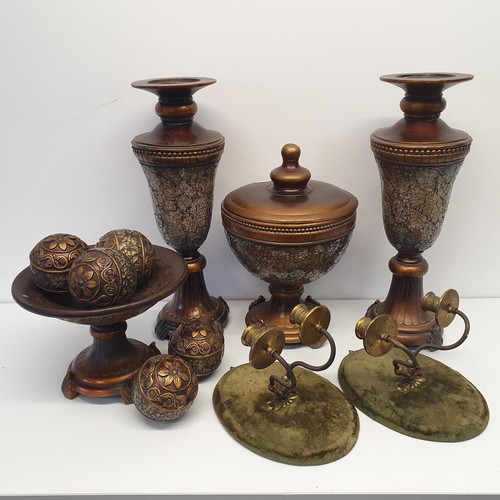 280 - An oak and pewter chamberstick, a pair of wall lights, a modern set of urns, and assorted items (qty... 