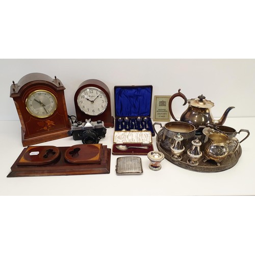 295 - A silver cigarette case, a set of silver spoons, a book slide, two clocks and other items (box)