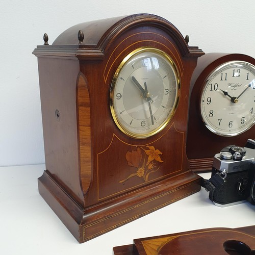 295 - A silver cigarette case, a set of silver spoons, a book slide, two clocks and other items (box)