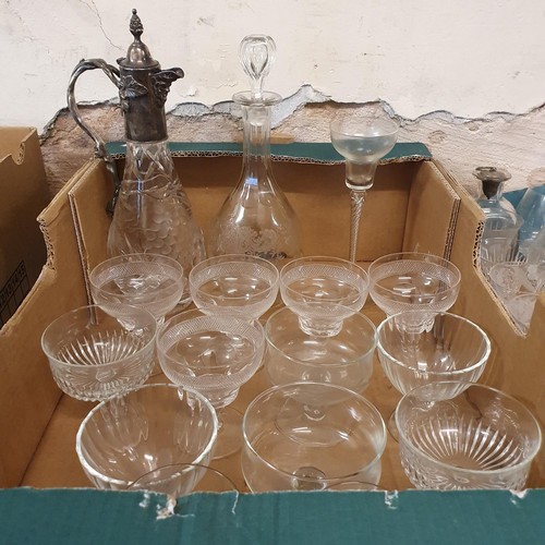 300 - A cut glass and silver plated claret jug, and assorted glassware (3 boxes)