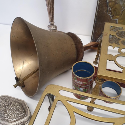 304 - A brass bell, a trivet, a silver plated teapot and assorted metal ware (box)