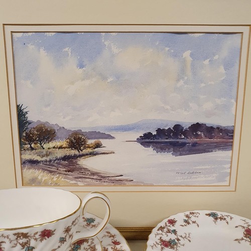 305 - Peter Robson, landscape, watercolour, signed, 24 x 35 cm, and a Minton Ancestral part dinner service... 