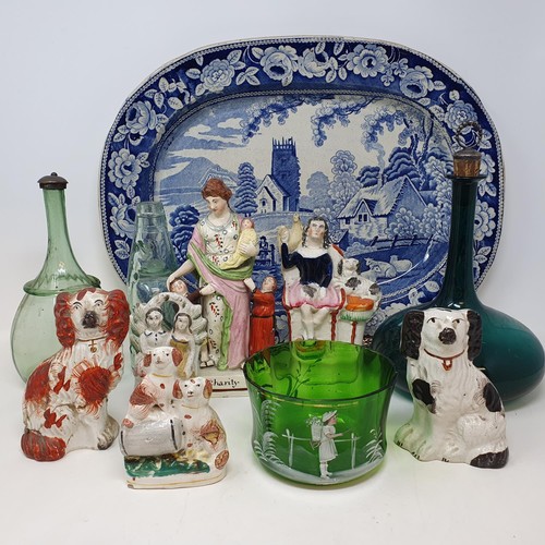 315 - A blue and white meat plate, 46 cm wide, a green glass decanter, and assorted ceramics (box)