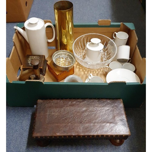 346 - A Noritake Bancroft dinner service, a Thomas coffee set, a brass shell casing, a stapler, a stool, a... 