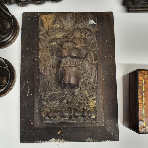 337 - A pair of carved moldings, decorated lions, and assorted treen (box)