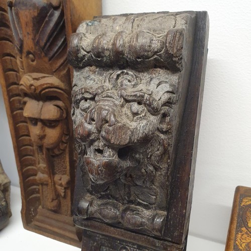 337 - A pair of carved moldings, decorated lions, and assorted treen (box)