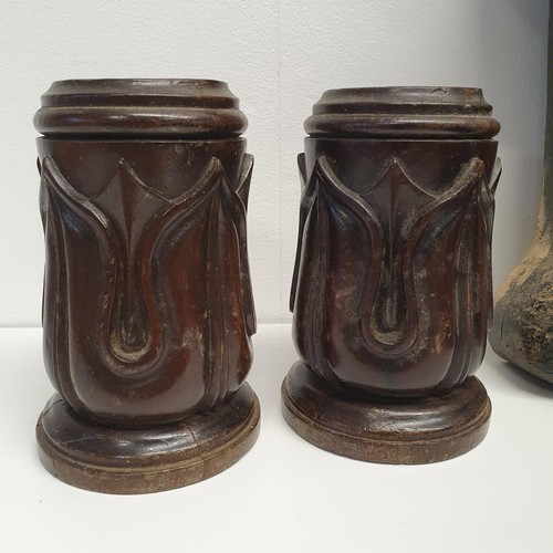 337 - A pair of carved moldings, decorated lions, and assorted treen (box)