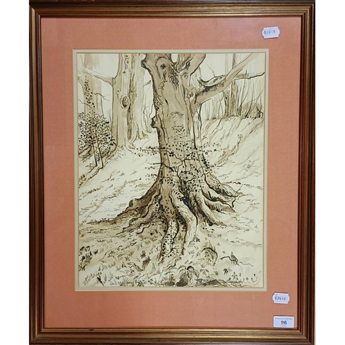 96 - C Rue, study of a tree, pen and ink, signed, 44 x 35 cm