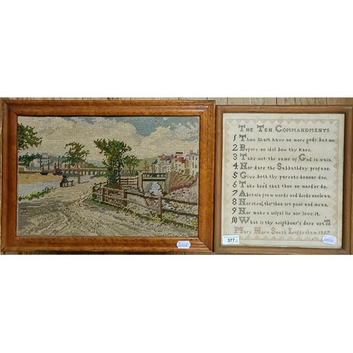 377 - A 19th century sampler, signed Mary Horn, South Luffenham, dated 1857, 30 x 27 cm, and an embroidery... 