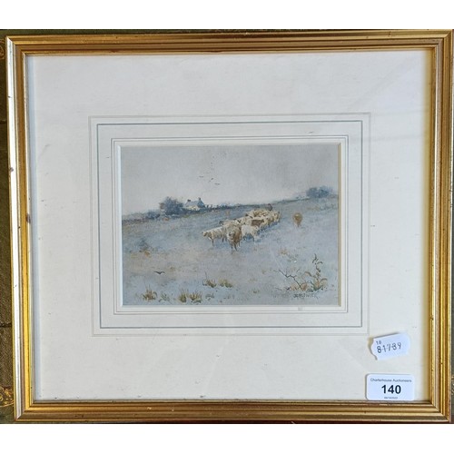 140 - Creswick, landscape with sheep, watercolour, signed, 13 x 18 cm, Swan Gallery label verso