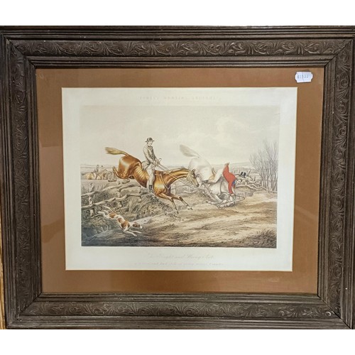 228 - A 19th century hunting print, 35 x 45 cm, and its pair, and three others (5)