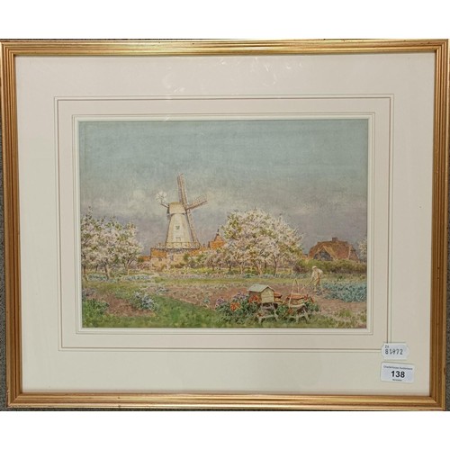 138 - Arthur Foord Hughes (British 1856-1934), a windmill, watercolour, signed, 24 x 33 cm, a Swan Label l... 