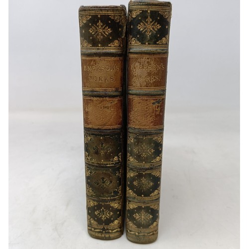 14 - The Works Of Ralph Waldo Emerson, two vols., and assorted leather bound vols. (box)