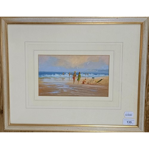 135 - David Short, beach scene with figures, gouache, signed, 13 x 24 cm, and its pair (2)