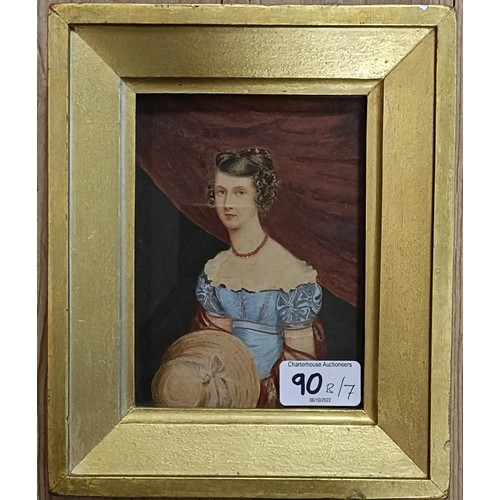 90B - English School, 19th century, a half length portrait of a lady, watercolour, 14.5 x 10.5 cm, a late ... 