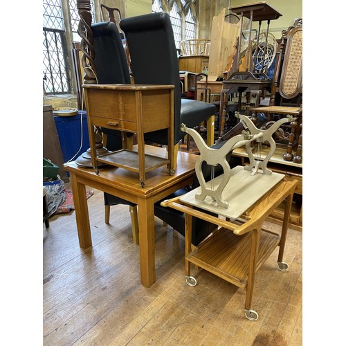 626 - A teak trolley, an oak draw leaf table, four dining chairs, a standard lamp, a sewing box, a painted... 