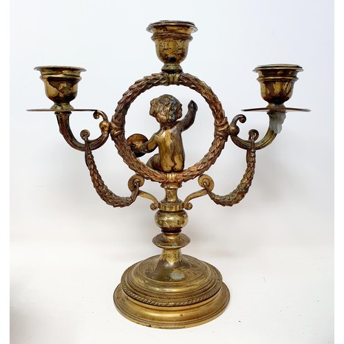 329 - A pair of bronze vases, 13 cm high, a pair of candlesticks, and a two branch candelabrum (5)