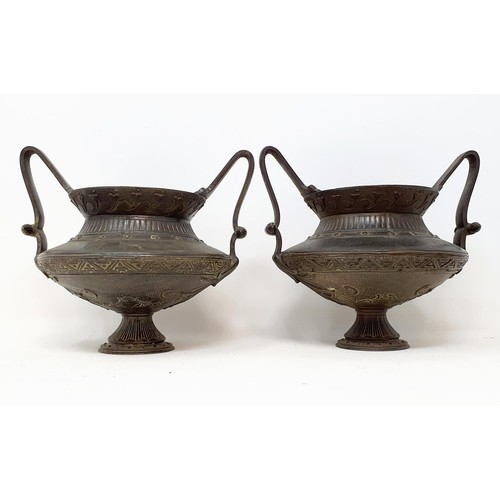 329 - A pair of bronze vases, 13 cm high, a pair of candlesticks, and a two branch candelabrum (5)