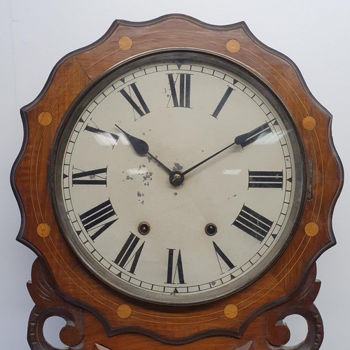 410 - A late Victorian wall clock, the 28 cm diameter painted dial with Roman numerals, in an inlaid walnu... 