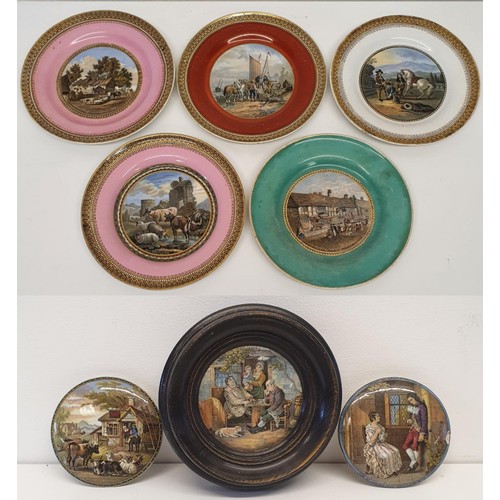 412 - A group of assorted pot lids, mostly framed, and five Prattware type plates (box)