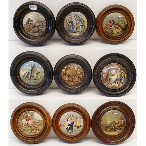 412 - A group of assorted pot lids, mostly framed, and five Prattware type plates (box)