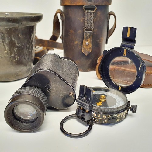 427 - A 17th century style bronze mortar, 9.5 cm high, a compass, a monocular, a ship in a bottle, a group... 