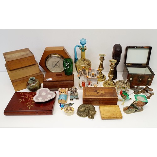 430 - Assorted ceramics, Pendelfin figures, a small group of coins, a pair of brass candlesticks and other... 