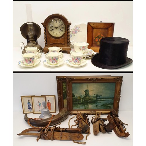 442 - A silk top hat, an oak clock, pictures and other items (2 boxes)