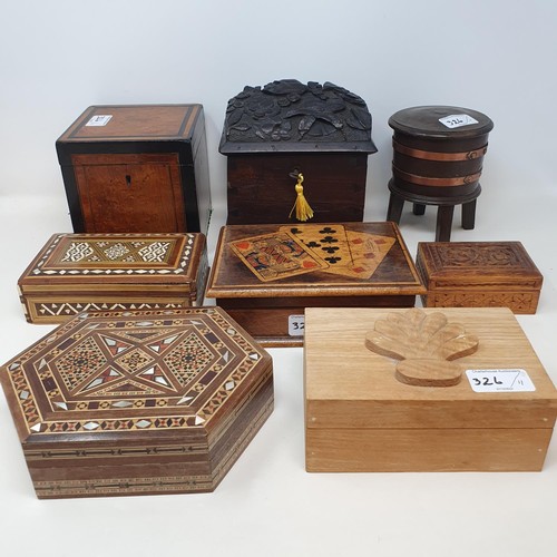 326 - A carved dome topped box, 106 cm wide, and assorted boxes (11)