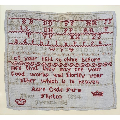 362 - A 19th century sampler, by May Flixton, aged 9, dated 1884, 30 x 35 cm