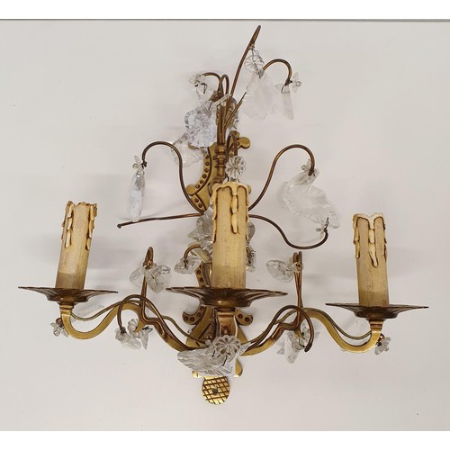 370 - A set of three brass and glass wall lights, with drops (3)