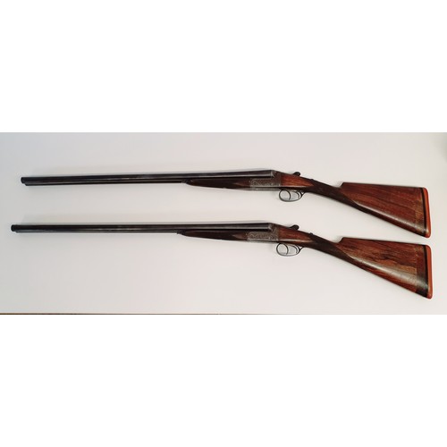 274 - A pair of E J Churchill 20 bore double barrel shotguns, with walnut stocks, in a fitted case. Proven... 